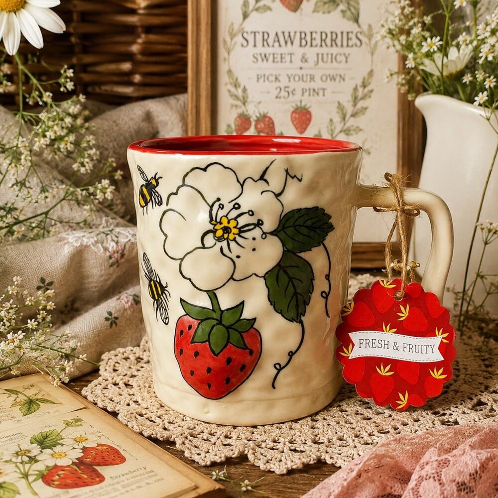 🆕Strawberry Garden Ceramic Mug 16 Oz Floral Bee Cottagecore Coffee Cup w/ Tag